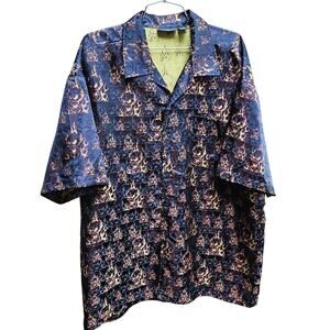 odo Men's Shirt XLarge Fire Skull Button Down Camp Shirt Stage Costume